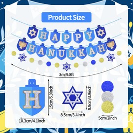 Happy Hanukkah Banner – Blue and Gold Dreidel and Star Party Garland with Glitter Letters & Menorah, NO DIY Required, Festival of Lights Decorations for Home, Classroom, or Office