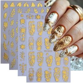 3D Gold Nail Art Stickers 4 Sheets Metallic Flower Leaf Nail Stickers Retro Totem Floral Nails Decals Self Adhesive Gold Designs Luxury Accessories Manicure Supplies for Women DIY Acrylic Decorations