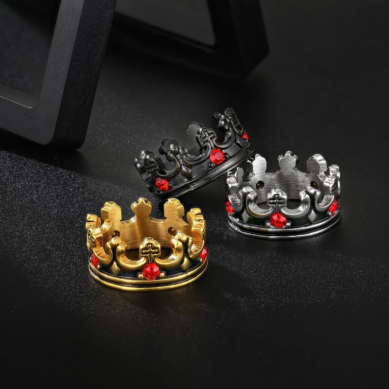 FATACI Mens Royal King Knight Crown Ring,Black Stainless Steel Vintage