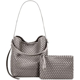 DSGUTWO Woven Leather Tote Bag for Women Large Woven purses shoulder bag Fashion Shopping Travel Handbags (Antique Silver)