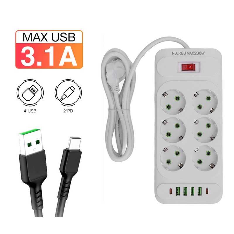 Power Strip 6 Outlets 4 USB 2 Type C Ports