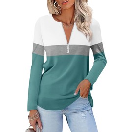 TICTICMISS Women's Long Sleeve Shirts Zipper Color Block V Neck Tunic Tops Casual Blouse