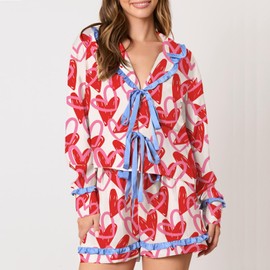 CocMouse Womens Summer Short Pajama Set Heart/Lip Print Long Sleeve Tie Front Top Drawstring Shorts 2 Piece Sleepwear Set (Red, L)