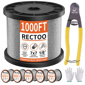 RECTOO 1000FT 1/8" T316 Stainless Steel Cable with Cutter, 7x7 Strands Aircraft Wire Rope for Deck Railing, Stair Handrail, Porch Fence, High Strength for Indoor and Outdoor Use