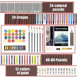 KINSPORY - Paquete de 168 suministros de arte de lujo, juego de arte de madera, manualidades, dibujo, pintura, lápices para colorear para artistas, principiantes, niños y niñas (café oscuro)