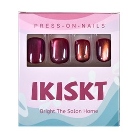 IKISKT Press On Nails - Shine Cat Eye Tips | Shiny Glitter Rose Pink Solid Light Paste l UV Short Square Shape False Fake Nails, Reusable Glue | 10-12 Sizes - 24 Nail Kit