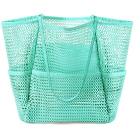 Ayieyill Mesh Beach Tote Large Bag Womens Shoulder Handbag with Multiple Pockets for Women Family Beach Pool Swimming Travel Vacation (L/Cyan)