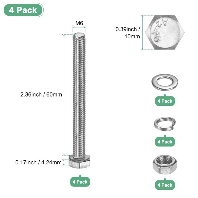 M METERXITY 4-Pack Hex Head Screw Bolt with Nuts Flat