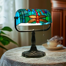 LIBOZMKO Vintage Tiffany Style Bankers Lamp - Stained Glass Desk Lamp with Pull Chain, Dragonfly Design Table or Desks Light LED Bulb Included, Bankers Desk Lamps for Office Living Room Study Room