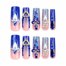 BABALAL Long Square Press on Nails - Blue Fake Nails, Luxury 3D Butterfly Gold Heart Charm Bling Design Full Cover Acrylic Nails Squoval Set 24Pcs