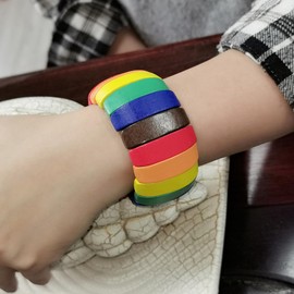 Caiyao Multi-Colored Wooden Beads Stretch Bracelet Wide Chunky Bangle Bohemian Jewelry Wood Elastic Wristband for Women-Colorful