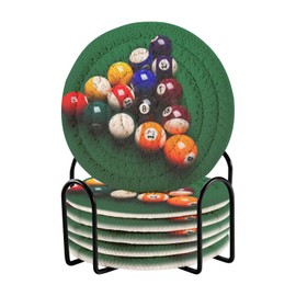 Aflyko Coasters for Drink Billiards Coaster Set with Metal Holder Cotton Woven Coaster for Coffee Table Bistro Home Kitchen Island Housewarming Gift 6 Pack