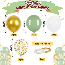 Sage Green and Gold Balloons, 60Pcs 12Inch Sage Green White Birthday Party Balloons Gold Confetti Helium Latex Balloons with Ribbon for Wedding Jungle Baby Shower Decorations
