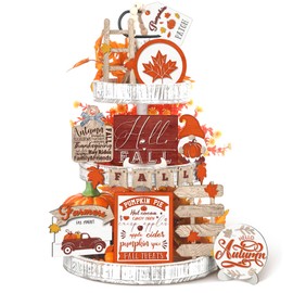 Huwena 16 Pcs Thanksgiving Fall Tiered Tray Decor Autumn Gnome Truck Pumpkins Wood Sign Table Centerpieces Rustic Farmhouse Decorative Trays for Fall Thanksgiving Table Kitchen Wall Decorations