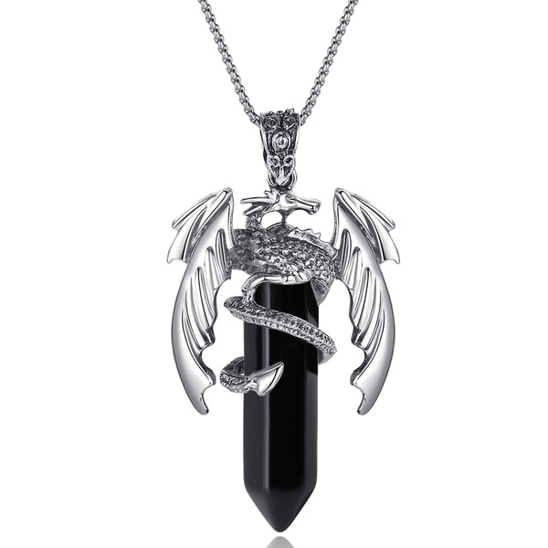 MAIBAOTA Dragon Pendant Necklaces for Men Women Black Obsidian Crystal