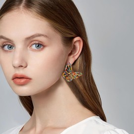 FILMOON Butterfly Gold Earring with Colorful Rhinestone Big Studs for Women Fashion Sparkly Gold Statement Jewelry