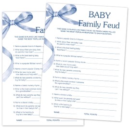 TRKAE Baby Family Feud Game Set, 30 Blue Bow Baby Shower Party Game Cards with Answer Card, Gender Reveal Party Announcement & Activities Supplies -B04