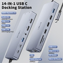 JESWO USB C Hub, 14 en 1 Adaptador USB C con 2*HDMI 4K, 2*USB 3.0, 3*USB 2.0, 1*USB C 3.0, USB C 100W PD Carga, Ethernet RJ45 100 Mbps, Lector de Tarjetas SD/Micro SD y VGA con Macbook Pro/Air