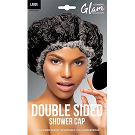 DONNA Double Sided Shower Cap Waterproof Bath Caps Plastic Reusable Shower Caps Elastic Band Bath Hair Hat Stocking Stuffers for Women Black Large