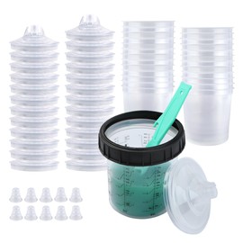 Liliantus Disposable Paint Spray Gun Cups Liners and Lids 1.0 System, Paint Mixing Cups 20 Ounce(600ml) Kit - 25 Pack Paint Cups with Lids,1 Hard Cup with Retainer Ring, 10 Plugs with 1 Paint Stirrer