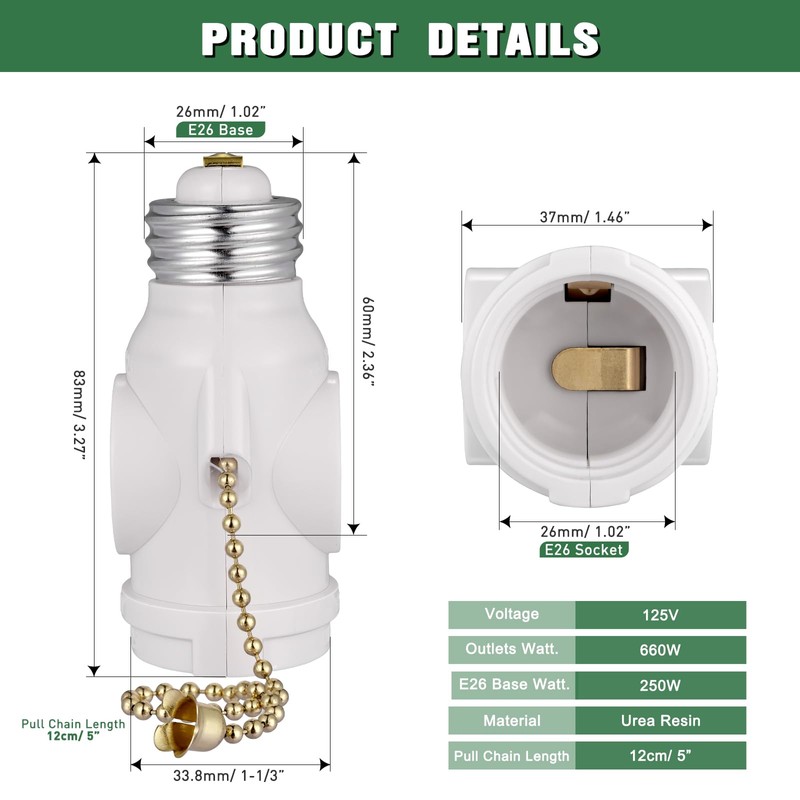 2-Pack E26 Light Socket Adapter - Converts Medium Screw Socket