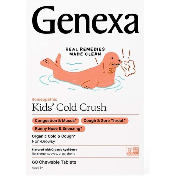 Genexa Kids’ Cold Crush - 60 Tablets - Kids’ Cough & Cold Medicine - Certified Vegan, Organic, Gluten Free & Non-GMO - Homeopathic Remedies