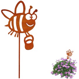 Ljevandria Garden Stake Bee Rust Garden Decoration for Outdoor Weatherproof Metal Bee Flower Stake Bee Rust Stake Garden Figures Outdoor Easter Decoration for Garden Balcony Flower Pot