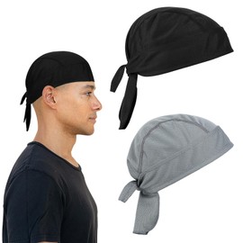 JJUNW 2Pcs Durags for Men, Bandanas for Men, Cooling Helmet Liners Sweat Wicking Beanie Caps, Renaissance Hat, Breathable Cooling Cooling Motorcycle Head Wraps for Men and Women(Black, Gray)