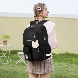 VIRTUREVI 3PCS Backpack For School Women College Middle High Teen Girls Student Bookbag Waterproof Laptop Bag Black