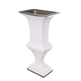 11.6" Vintage Style Ceramic Pedestal Vase with Square Base in Gold & White - Perfect Décor for Any Home