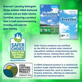 Breezeo Laundry Detergent Strips (48 strips) – Free & Clear - More Convenient than Pods, Pacs, Liquids or Powders – Great for Home, Dorm, Travel, Camping & Hand-Washing