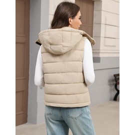 Nitzana Women's Puffer Vest Detachable Hooded Stand Collar Puffy Quilted Vests Outerwear With Pockets Fall Winter Vest for Women Trendy 2025 Zip Up Sleeveless Ladies Padded Gilet Outfits Khaki M