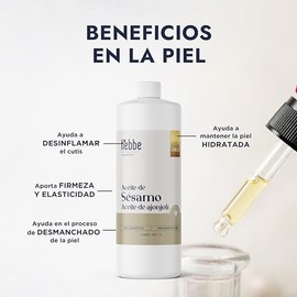 HEBBE Aceite de Sésamo 1 L | Prensado en Frío 100% Puro | Hidratante Piel y Cabello | Antioxidante Vitamina E | Uso Cosmético