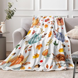 Fall Pumpkins Throw Blanket, Orange Pumpkins and Leaves Soft Flannel Blanket, Autumn Thanksgiving Farmhouse Blankets Home Chair Sofa Couch Bed 50X60IN