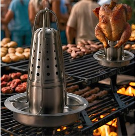 AMOZO Beer Can Chicken Holder for Grill and Smoker - Premium Grade 304 Stainless Steel Chicken Holder - Poultry roasters with flavouring Container.(1 Pack)