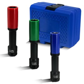 JEUCLEL 3-Piece Lug Nut Socket Set, 1/2" Drive, Impact Tools, 17mm, 19mm, 21mm, Non-Marring, Extra-Long, Thin Wall, Chrome Molybdenum Steel, 6-Point, Color-Coded, 3 Protective Cases
