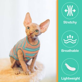 OUOBOB Sphynx Cat Clothes, Breathable Hairless Cat Shirts, Stripe Kitten T-Shirts Sleeveless, Pullover Cat Sweaters, Pet Summer Apparel for Sphynx, Cornish Rex, Devon Rex, Peterbald, Small Dogs