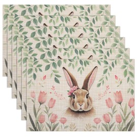 Banchif Washable Double-Sided Placemats, Set of 6, Flowers Cartoon Rabbit Table Decoration, Easter, Spring, Banquet Placemats, Holiday Decorative Placemats, Seasonal Place Mats, Beige