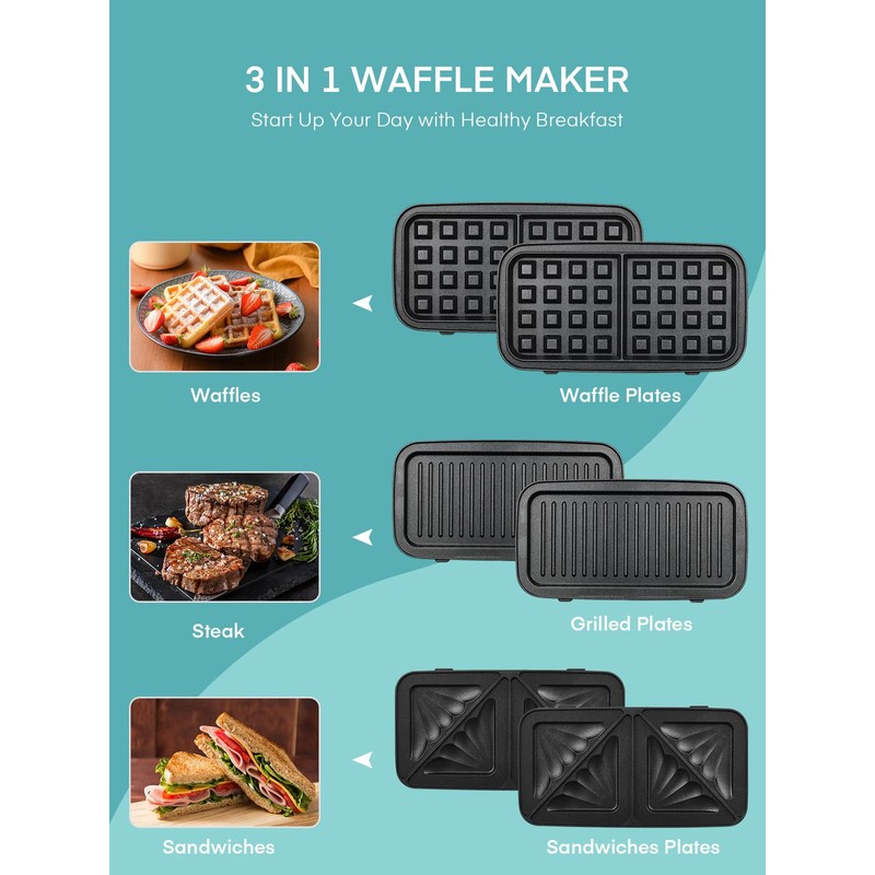 FOHERE Waffle Maker 3 in 1 Sandwich Maker 1200W Panini