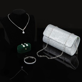 RIOSO 4Pcs Silver Jewelry Set for Women Evening Rhinestone Sparkly Clutch Purse Bag Necklace Earrings Bracelet Silver Formal Prom Costume Sets for Women Bride Wedding Jewelry
