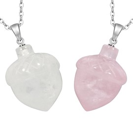 Nupuyai Pack of 2 Hand-carved Mini Hazelnut Crystal Amulet Necklace Pendant for Women Men, Healing Spiritual Stone Pendant with Stainless Steel Chain, Rose Quartz & Rock Crystal