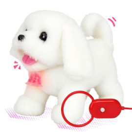 Easfan Electric Walking White Dog Plush Leash Puppy Toy Interactive Talking Musical Plush Toy with Remote Control Leash Christmas Birthday Gifts for Kids Toddlers