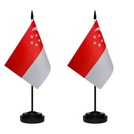 Singapore Singaporean Small Mini Desk Flag Set Miniature Singapore Singaporean Table Office Flag with 13" Black Pole, Black Base, Miniature Singapore Deluxe Desktop Flag(2 Pack)