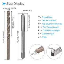 CoCud Tap and Drill Bit Set M5 x 0.5 Tap Thread 4.5mm Drill Diameter Metallic Machine Thread Tap Twist Drill Bit Tool Kit for Thread Tapping Repair 1 Set