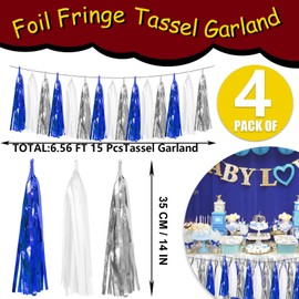 4P Navy Blue White Silver Foil Fringe Tassel Banner Garland Metallic Tinsel Streamers Wall Hanging Curtain Backdrop Banner for Parade Floats, 2024 Graduation Decorations, Retirement Party Decorations