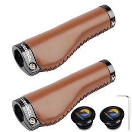 TOPCABIN Bicycles Handlebar Grips, Aluminum Lock-on Ergonomic Bike Grips, Cushion Vibrations Comfort Bike Handlebar Grips, Mountain MTB BMX Bicycles Grips for Scooter (Hand-Sewn ATF Leather(Brown))
