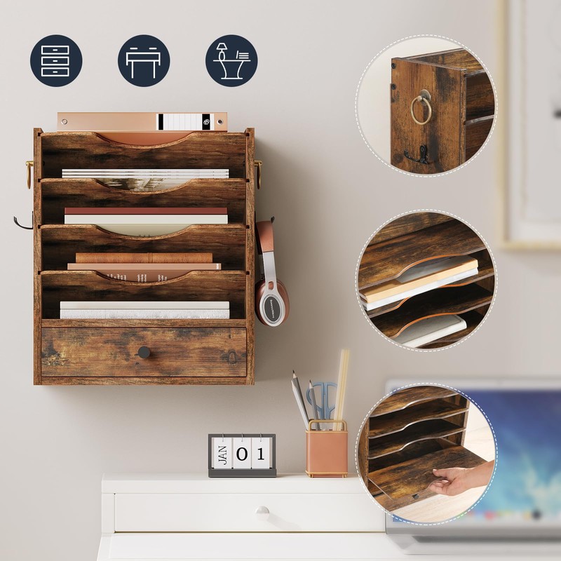 HOOBRO Wall File Organizer, Mail Organizer Wall Mounted, Wooden Literature