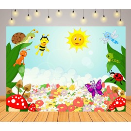 CORFOTO 7x5ft Fabric Cartoon Spring Garden Woodland Backdrop Flowers Insect Background Garden Theme Backdrop Birthday Baby Shower Photography Background Banner Photo Shoot
