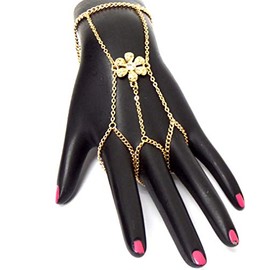 Arras Creations Single Flower with Chain Slave Ring and Bracelet Set Hand Chain / AZFJSBB185-GLD