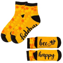 MIJOMA Stopper socks with saying ABS sole, stop socks with anti-slip motif, racing socks, cotton mix, grip and comfort., Bee Happy